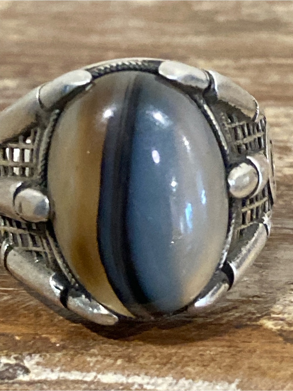 Sterling Silver Men's Statement Ring w/ Brown & Gray Cabochon Stone Dragon Claw - Picture 11 of 15